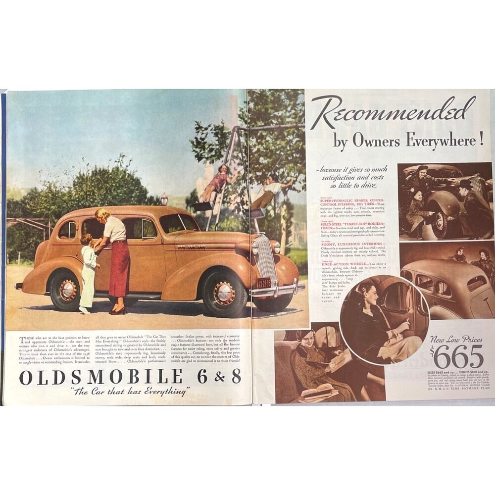 Oldsmobile 6 & 8 Automobiles Vintage Print Ad 1936 Mom Son Kids on Swings u